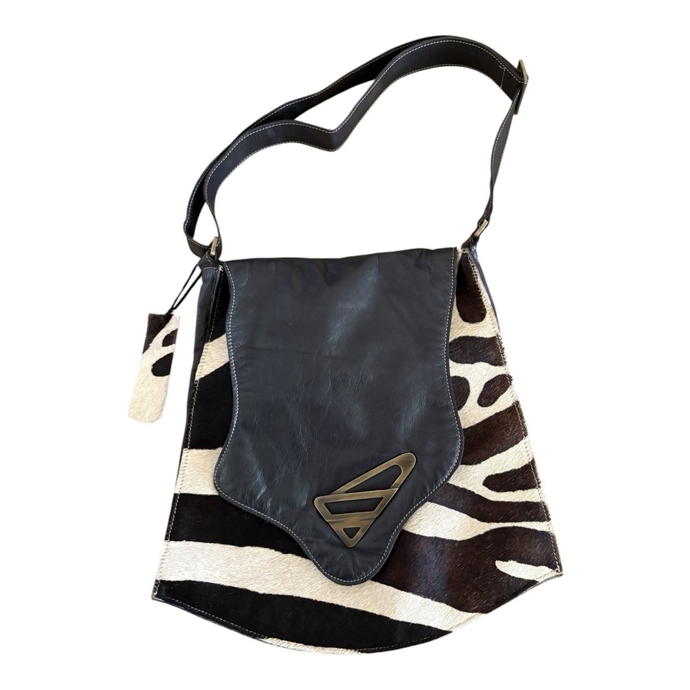 Vintage Black Leather Purse Calf Hair Detail Medium Shoulder Bag